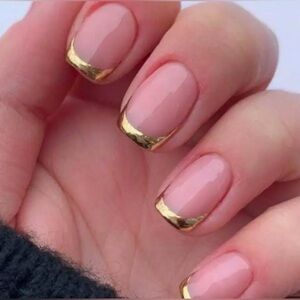24pcs Medium Golden Square French False Nails Simple And Stylish